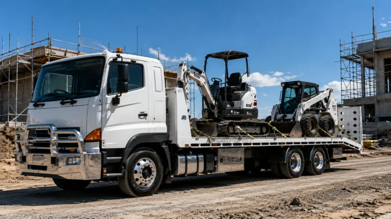 Excavator and earthmoving machinery transported between construction sites
