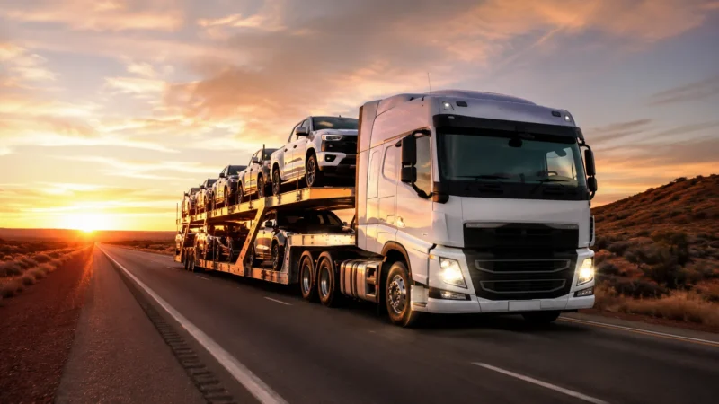 Multi-car carrier travelling an outback highway at sunset