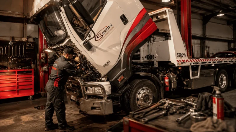 Mechanic servicing a truck engine bay in a workshop