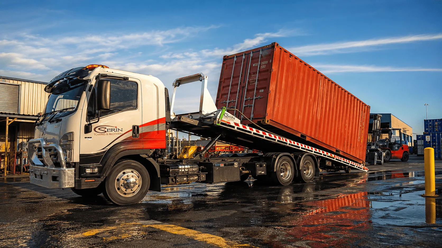 Four-wheel drive secured on a professional tilt tray transport truck