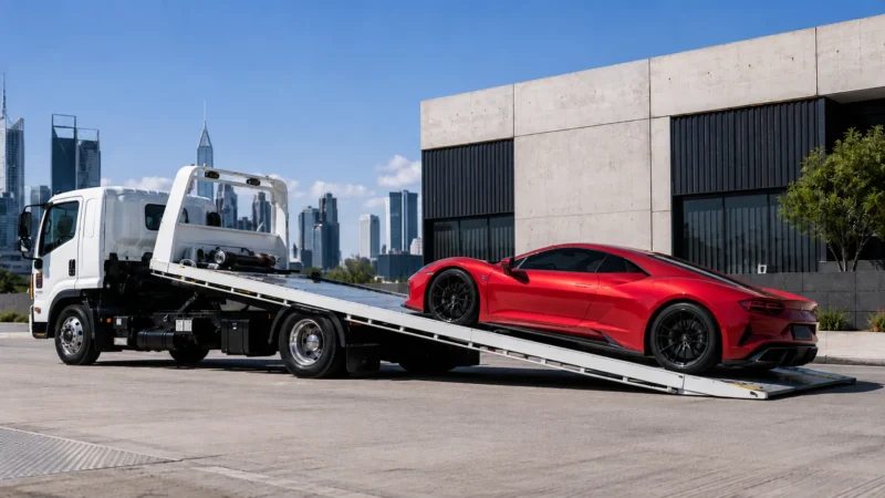 Prestige vehicle carefully loaded for specialist transport