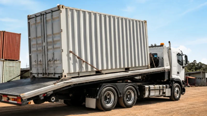 Shipping container winched onto a heavy tilt tray transport truck