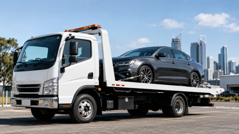 Passenger car secured on a tilt tray tow truck in Perth